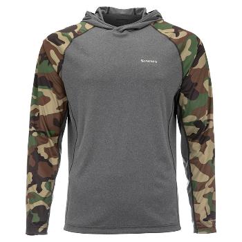 Картинка Термофутболка Simms SolarFlex Hoody - Print, Woodland Camo/Carbon Heather, (S) от магазина Главный Рыболовный