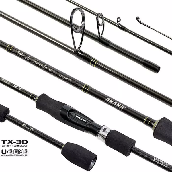 Картинка Спиннинг штекерный угольный 2 колена Akara Black Shadow 802MLF TX-30 2,44 м, 3,5-10,5 г от магазина Главный Рыболовный