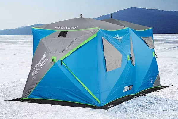Картинка Палатка зимняя Higashi Double Pyramid Extreme, стеклокомпозитный каркас, синяя от магазина Главный Рыболовный